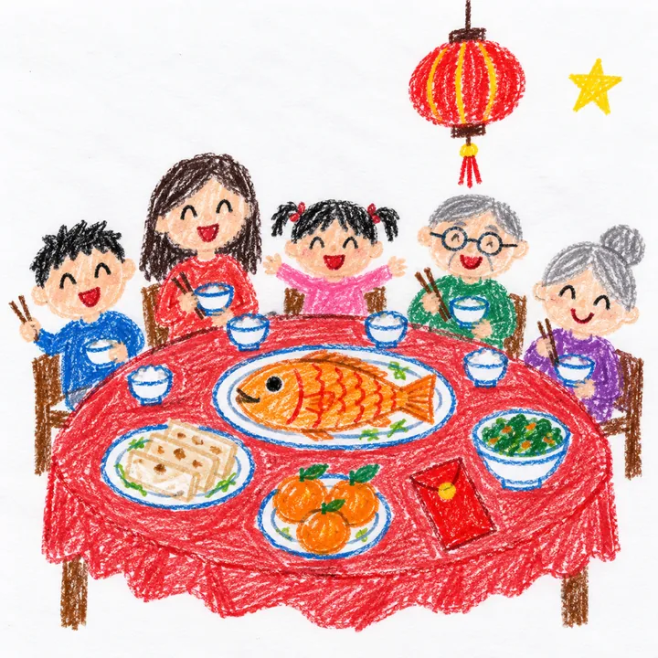 孩子用蠟筆畫的年夜飯:全家圍爐,桌上有魚、菜頭粿和橘子