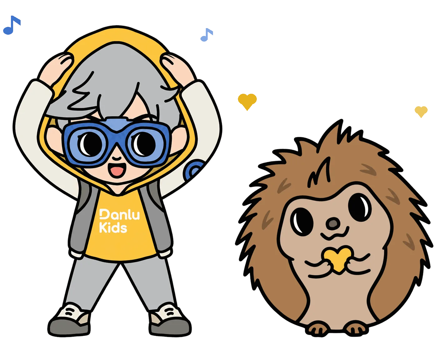 Danlu Kids Space 角色:男孩雙手摸頭玩 Body Parts、刺蝟捧著愛心說 Family